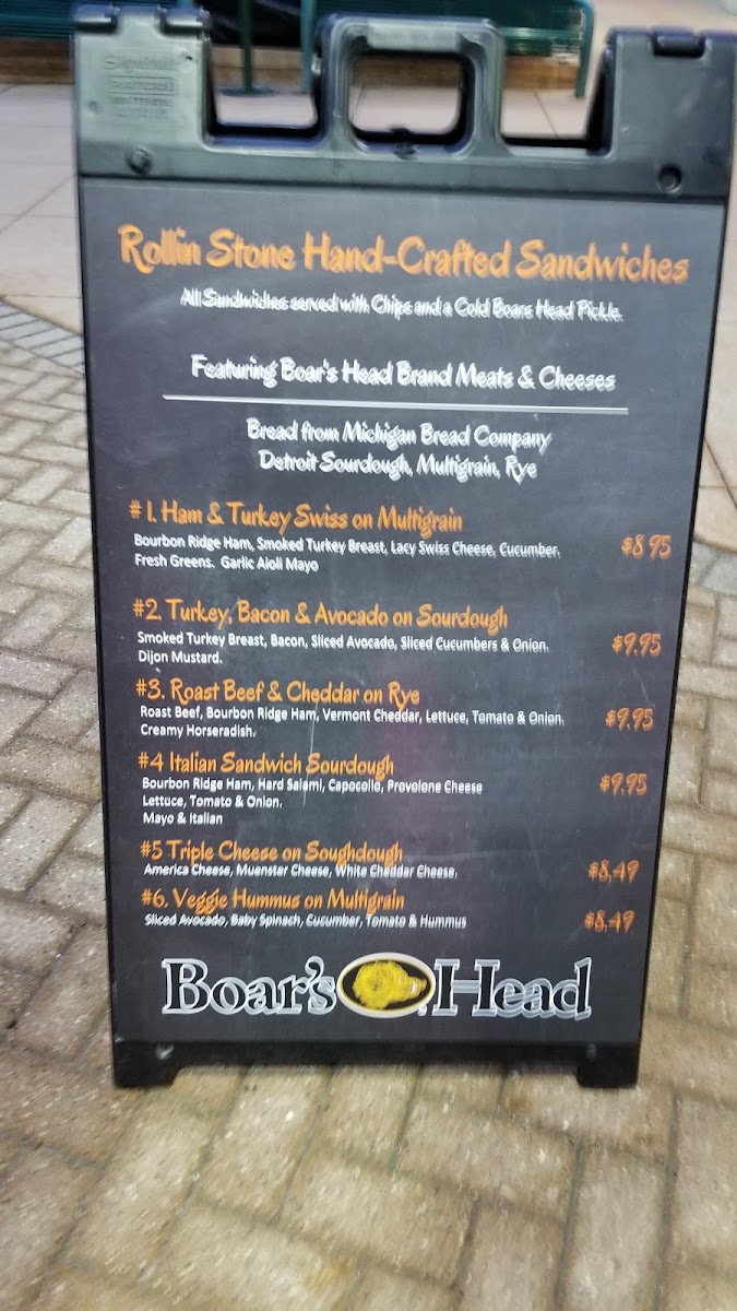 Rollin Stone Wood Fired Pizza menu board