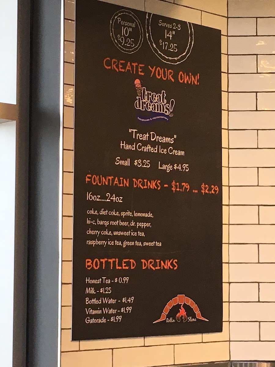 Rollin Stone Wood Fired Pizza menu board