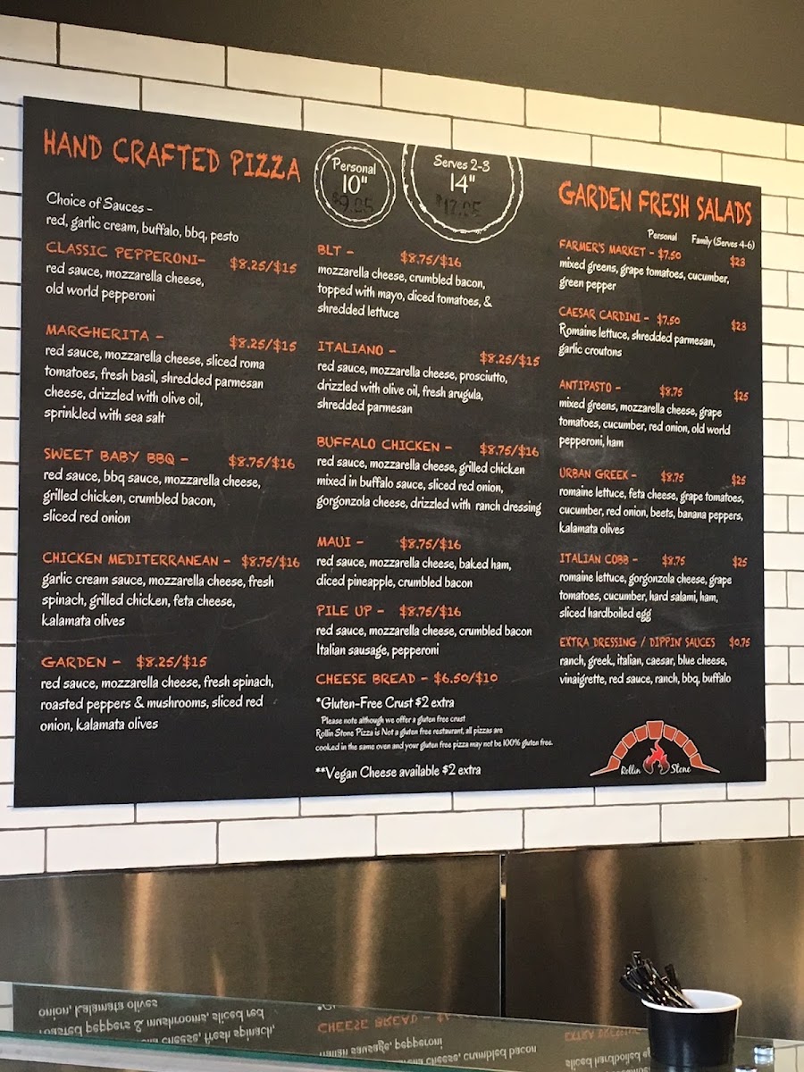 Rollin Stone Wood Fired Pizza menu board