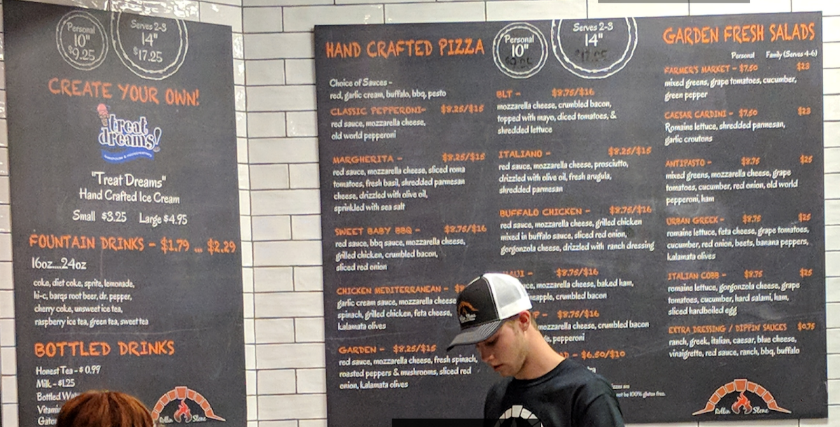 Rollin Stone Wood Fired Pizza menu board