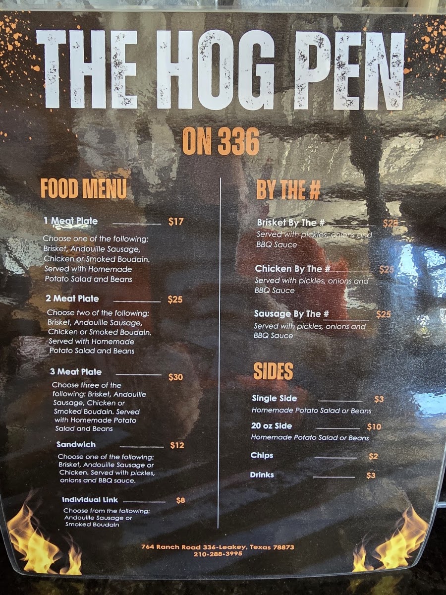 The Hog Pen on 336 BBQ menu board