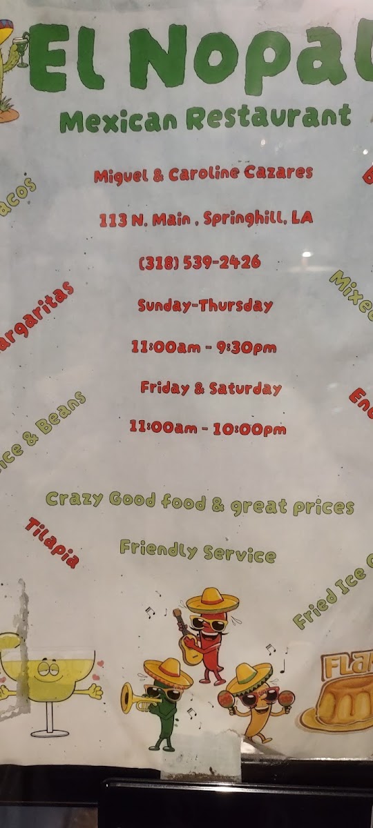 El Nopal Mexican Restaurant & Bar menu board