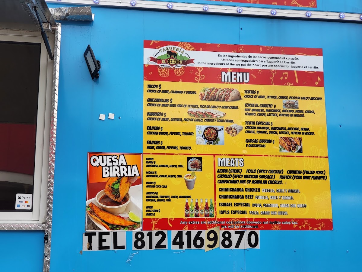 Taquería el Cerrito menu board
