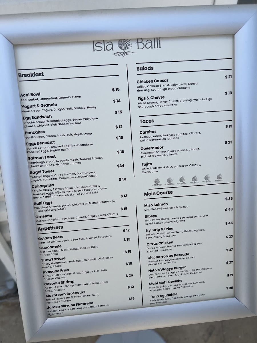 Isla Balli menu board