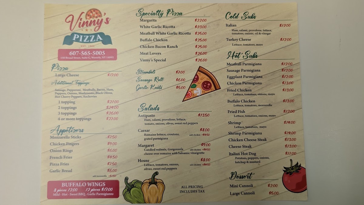 Vinny’s Pizza menu board