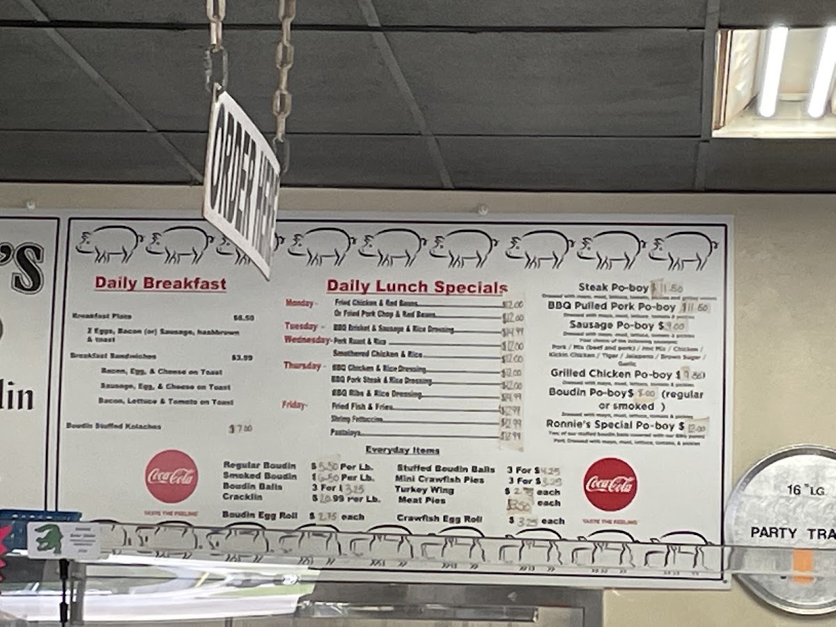 Ronnies Cajun Boudin & Cracklin's menu board