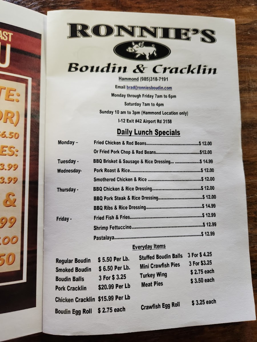 Ronnies Cajun Boudin & Cracklin's menu board