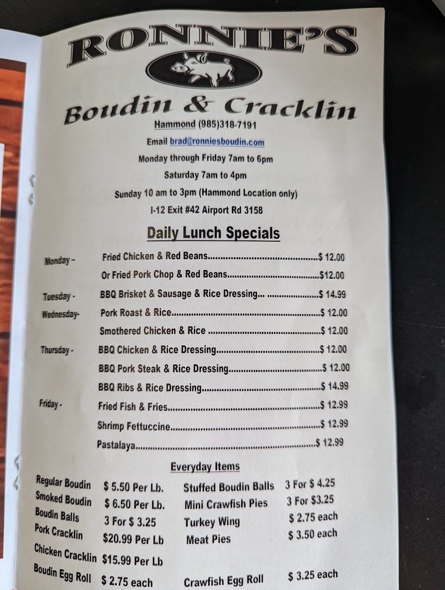 Ronnies Cajun Boudin & Cracklin's menu board