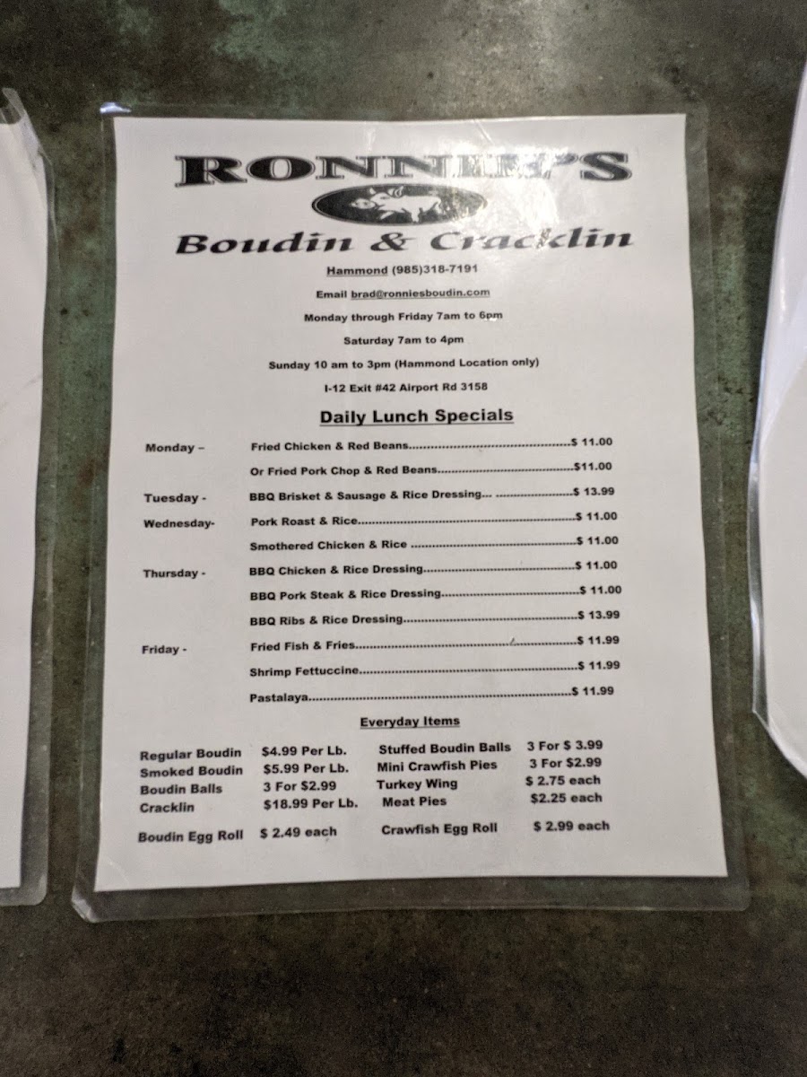 Ronnies Cajun Boudin & Cracklin's menu board