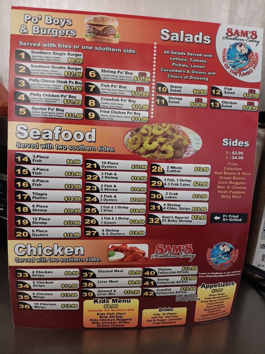Sam's Southern Eatery menu board