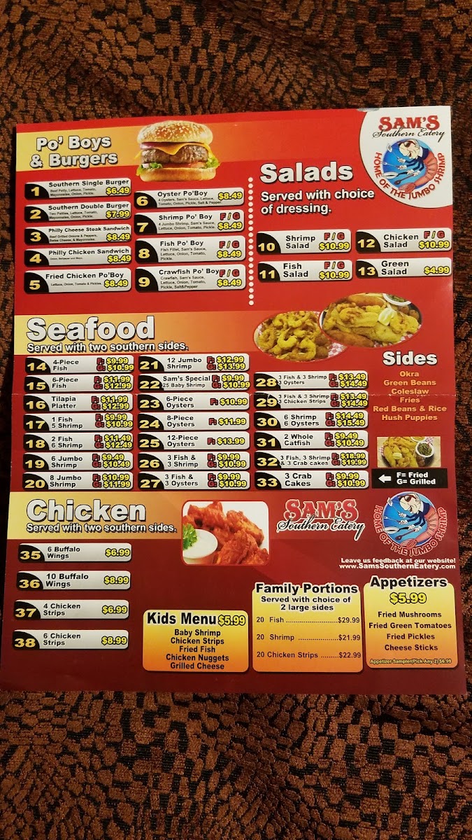 Sam's Southern Eatery menu board