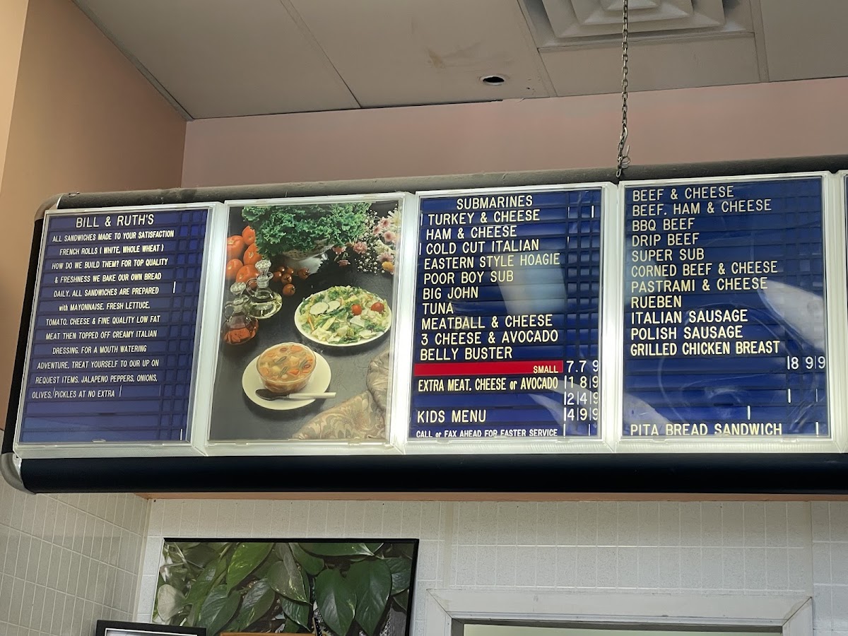 Bill & Ruth's Subs & Grill menu board