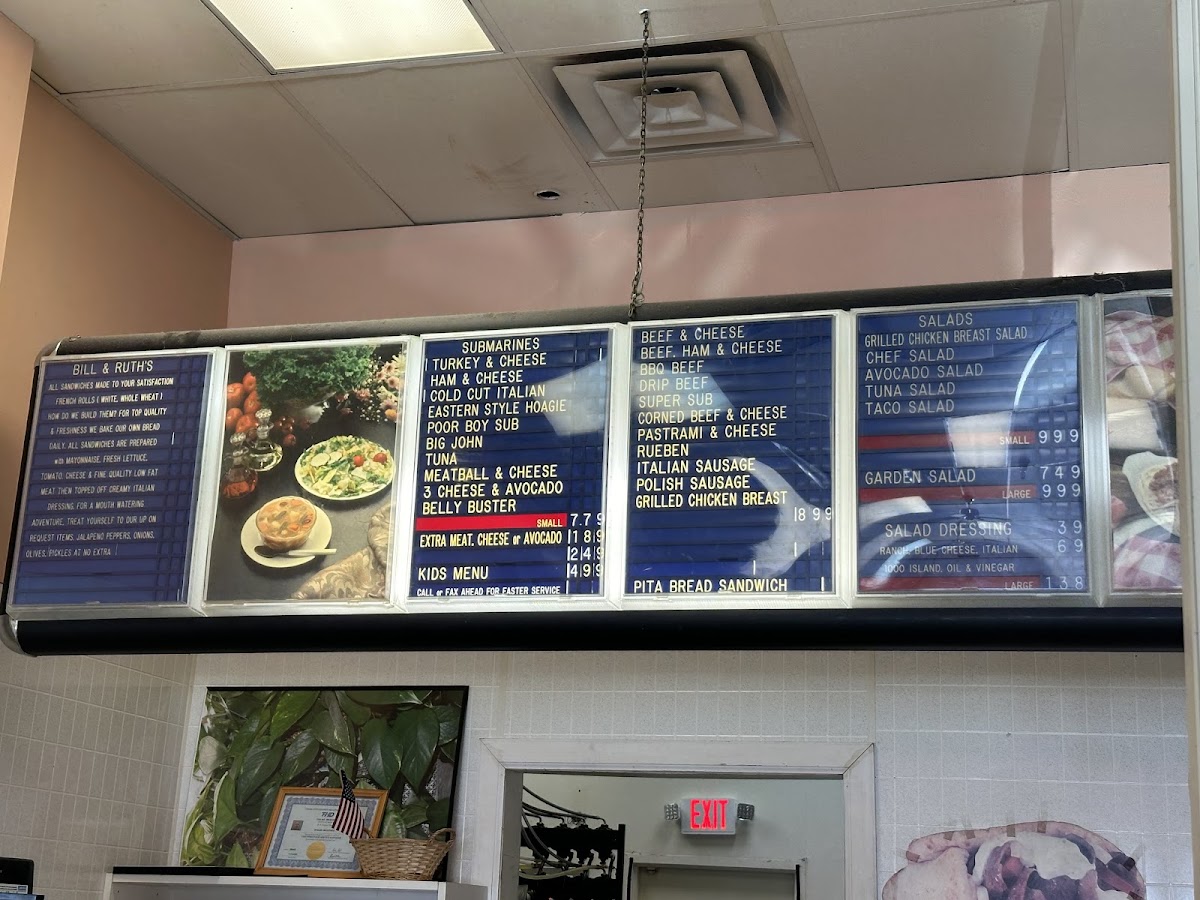 Bill & Ruth's Subs & Grill menu board
