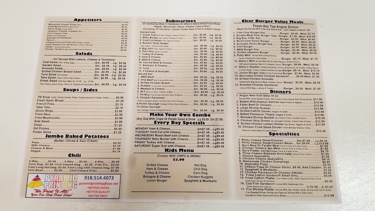 Bill & Ruth's Subs & Grill menu board