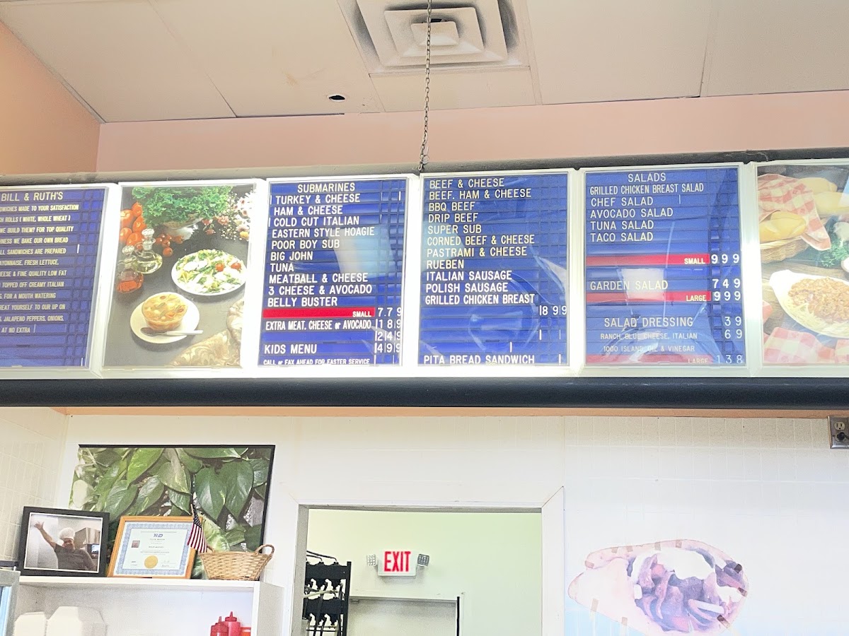 Bill & Ruth's Subs & Grill menu board