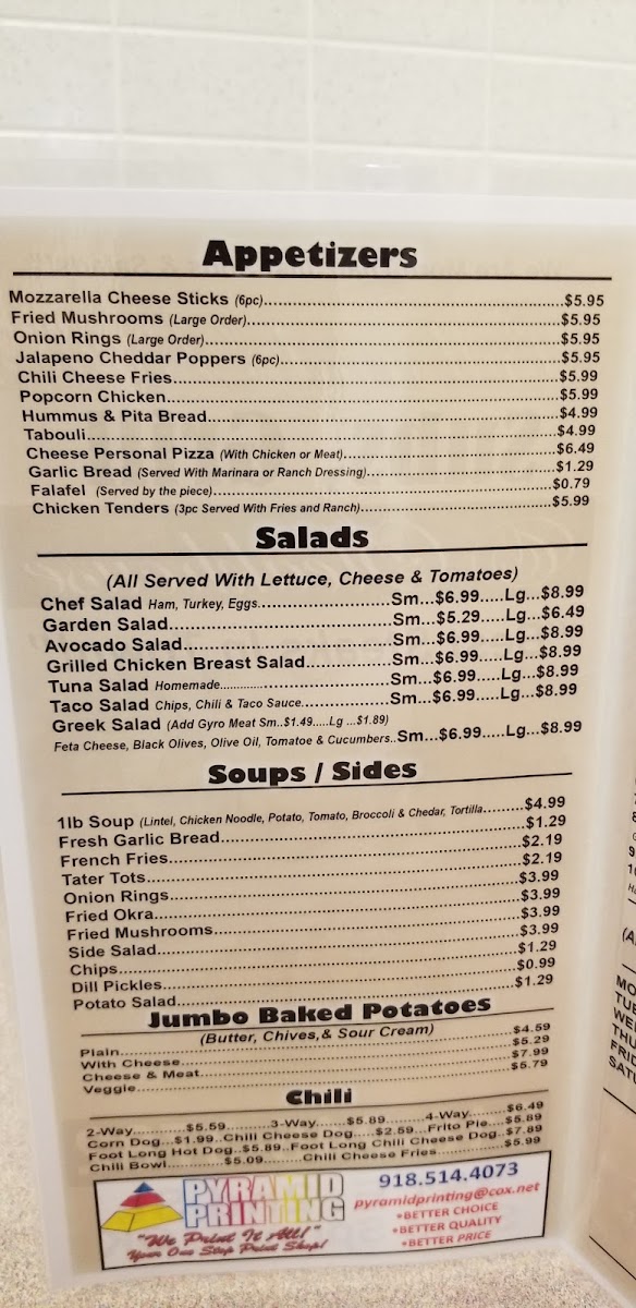 Bill & Ruth's Subs & Grill menu board