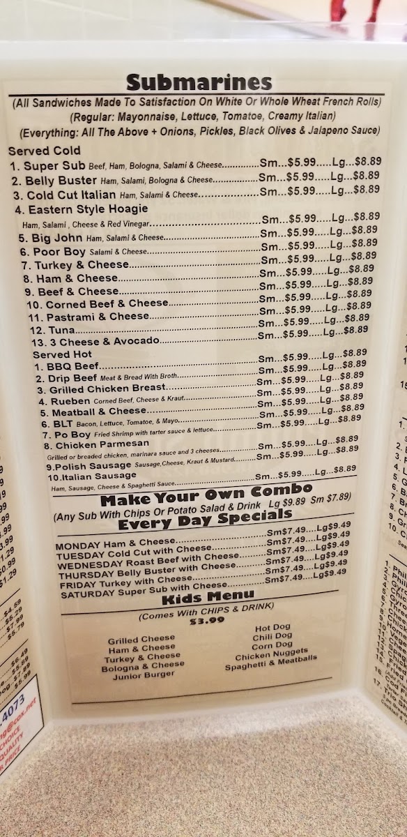 Bill & Ruth's Subs & Grill menu board