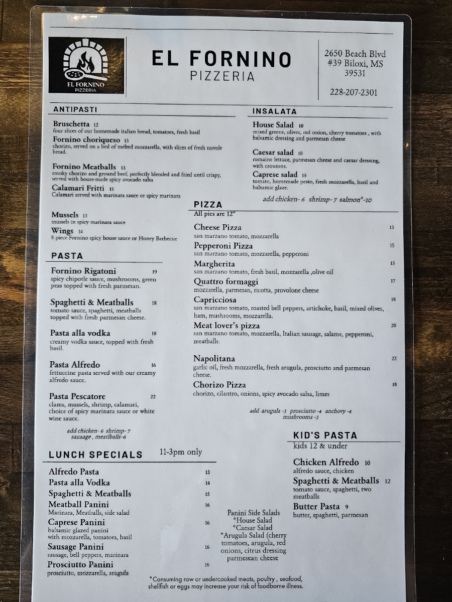 El Fornino Pizzeria menu board
