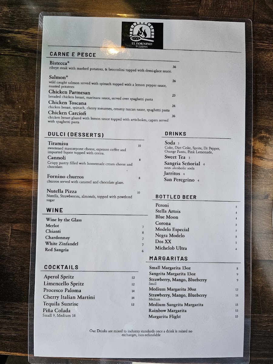 El Fornino Pizzeria menu board