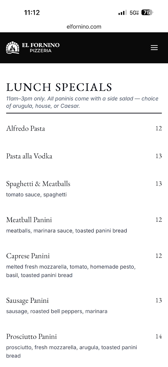 El Fornino Pizzeria menu board