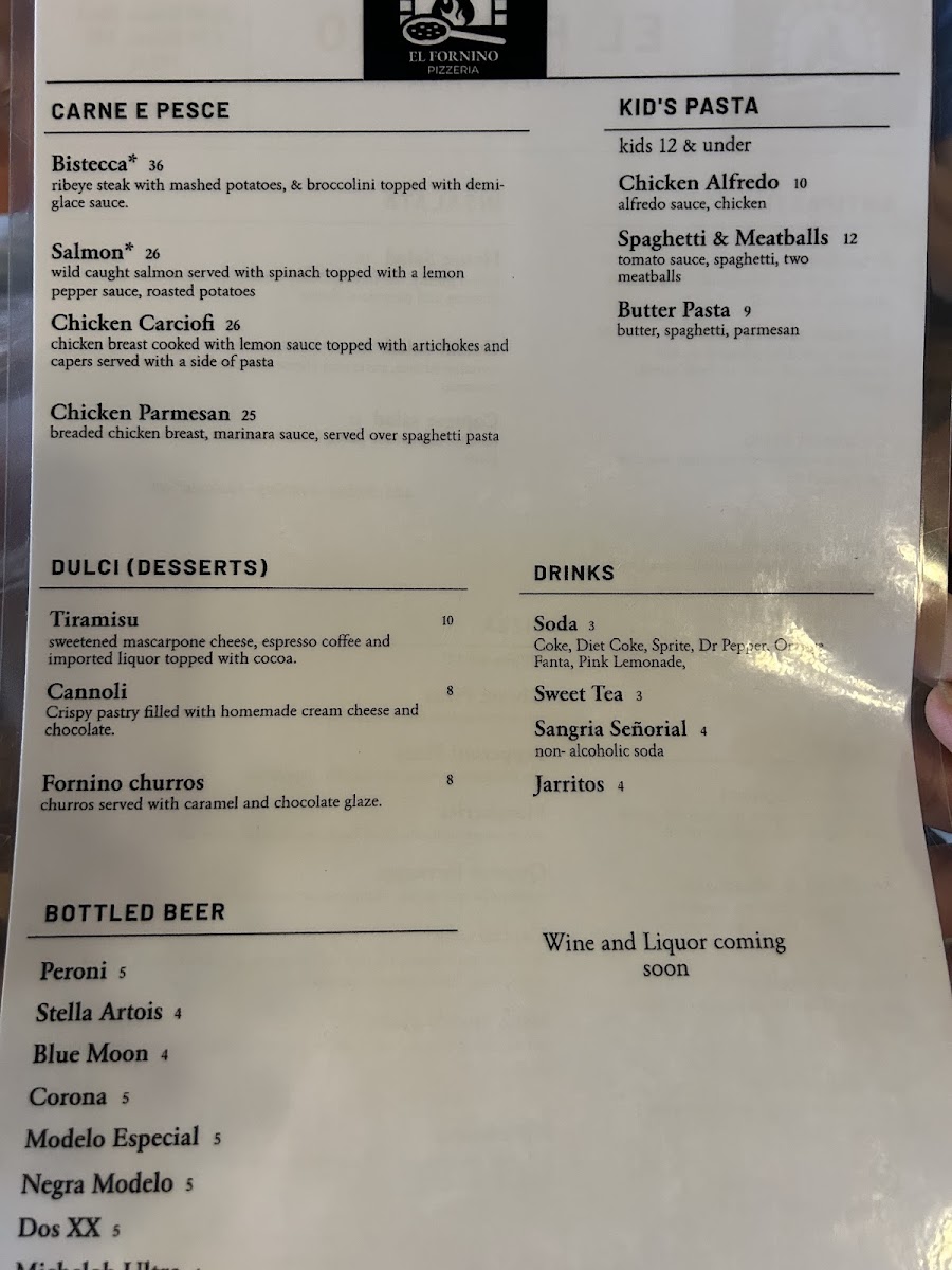 El Fornino Pizzeria menu board