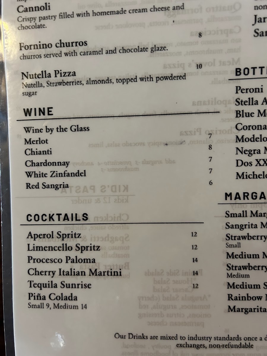 El Fornino Pizzeria menu board