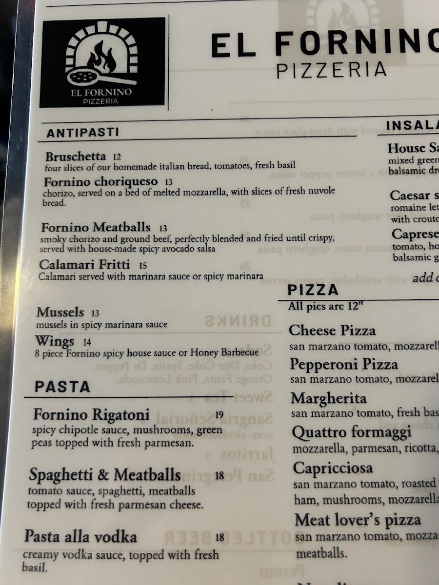 El Fornino Pizzeria menu board