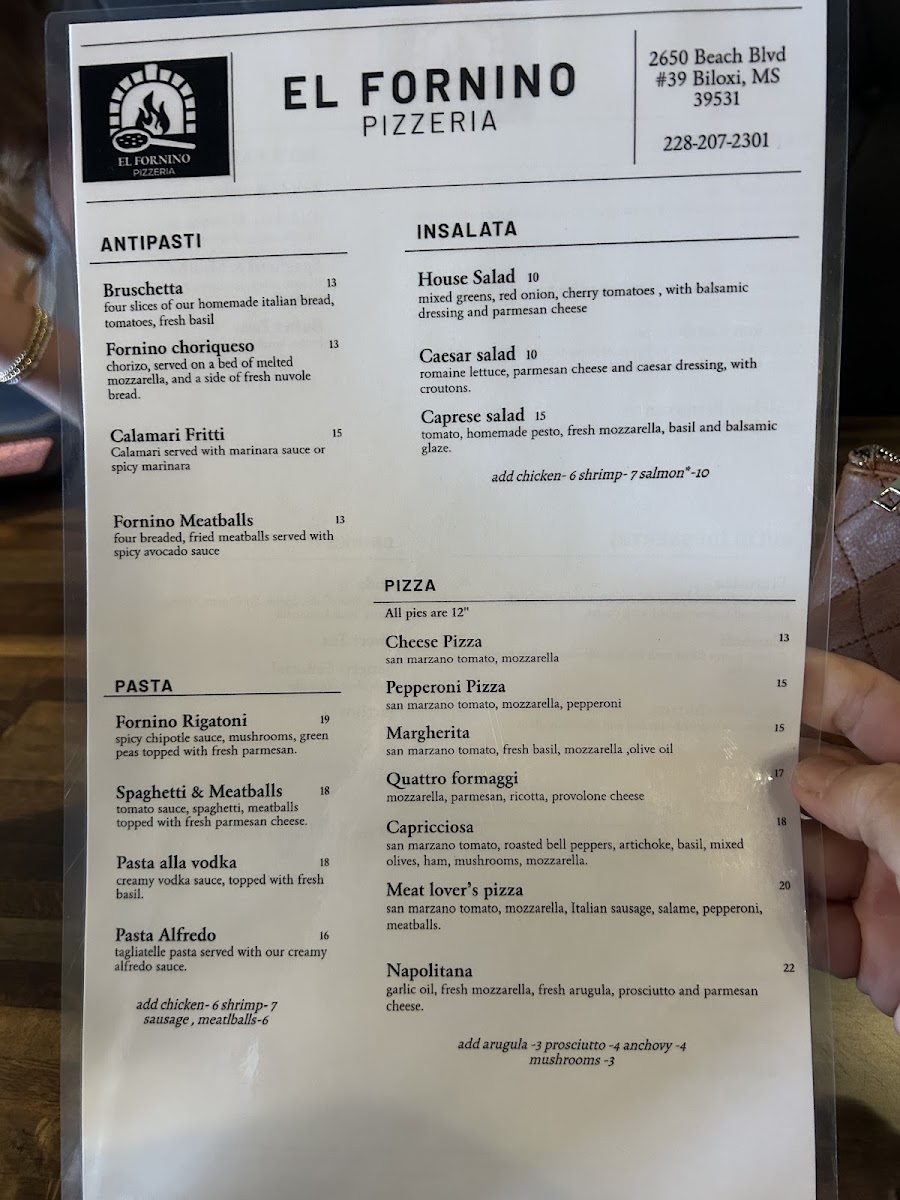 El Fornino Pizzeria menu board