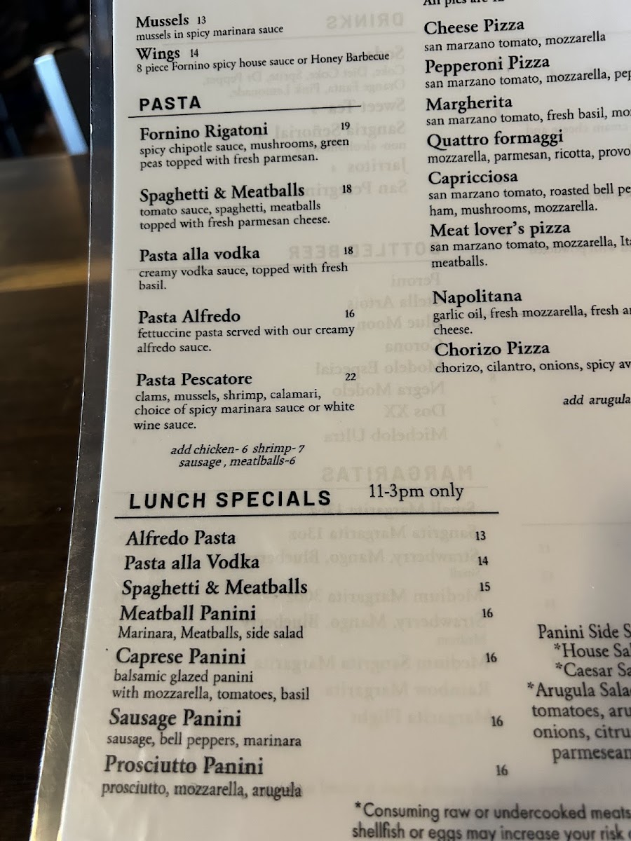 El Fornino Pizzeria menu board