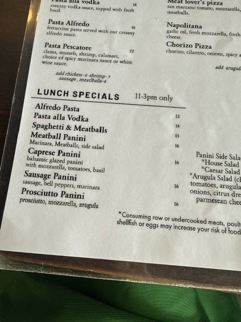 El Fornino Pizzeria menu board