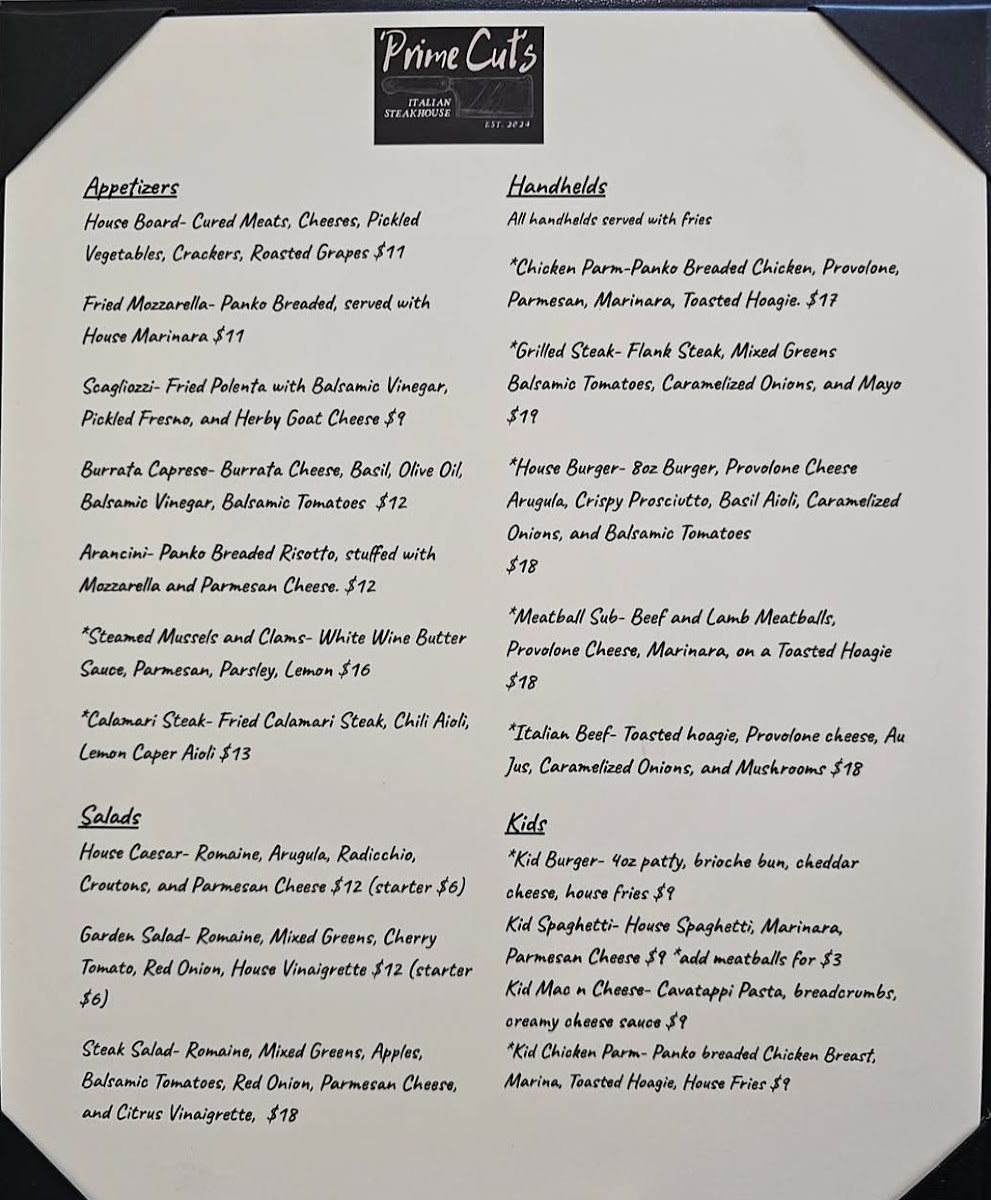 Prime Cuts Italian Steakhouse menu board
