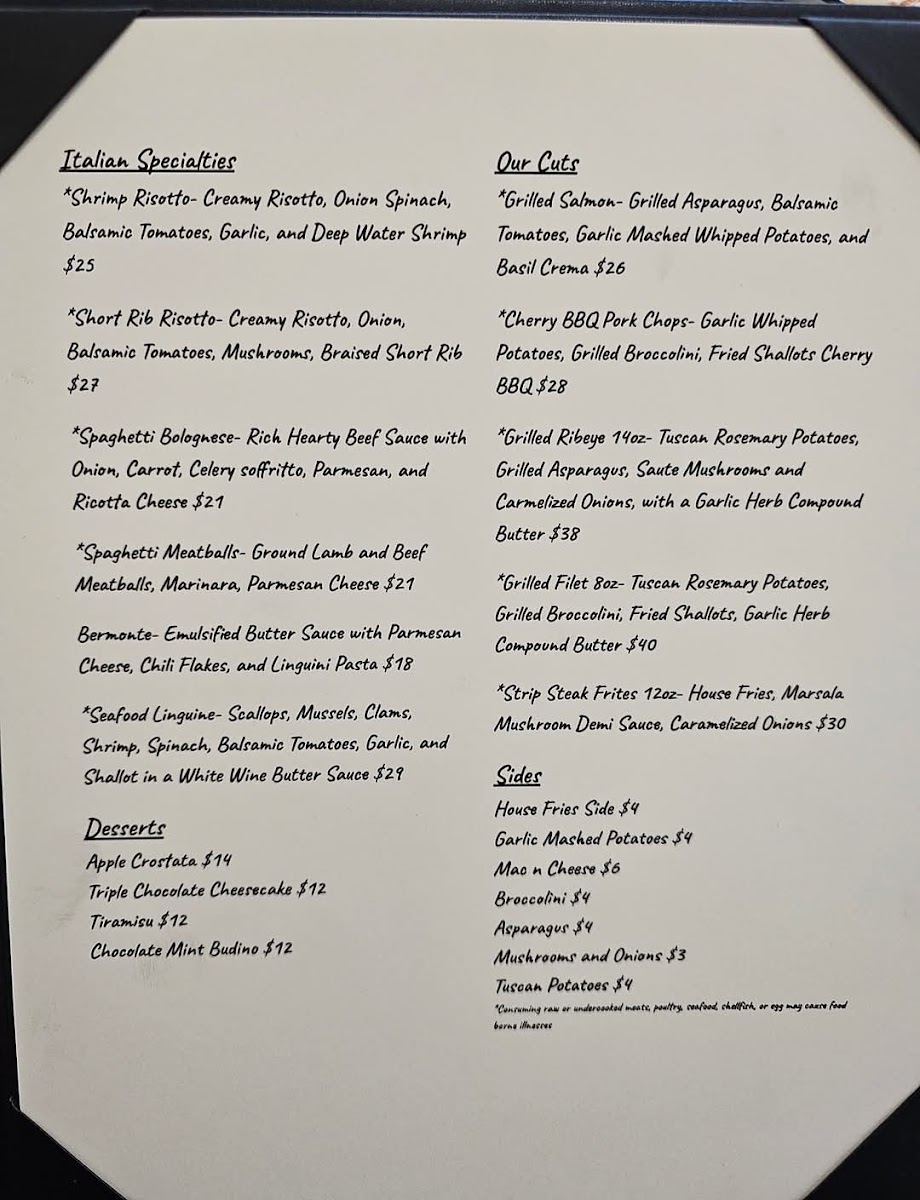 Prime Cuts Italian Steakhouse menu board
