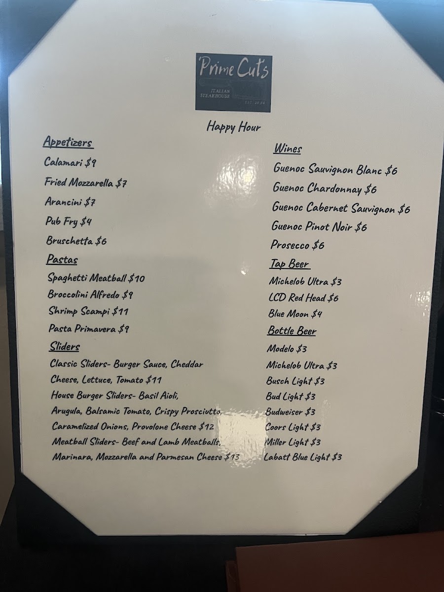 Prime Cuts Italian Steakhouse menu board