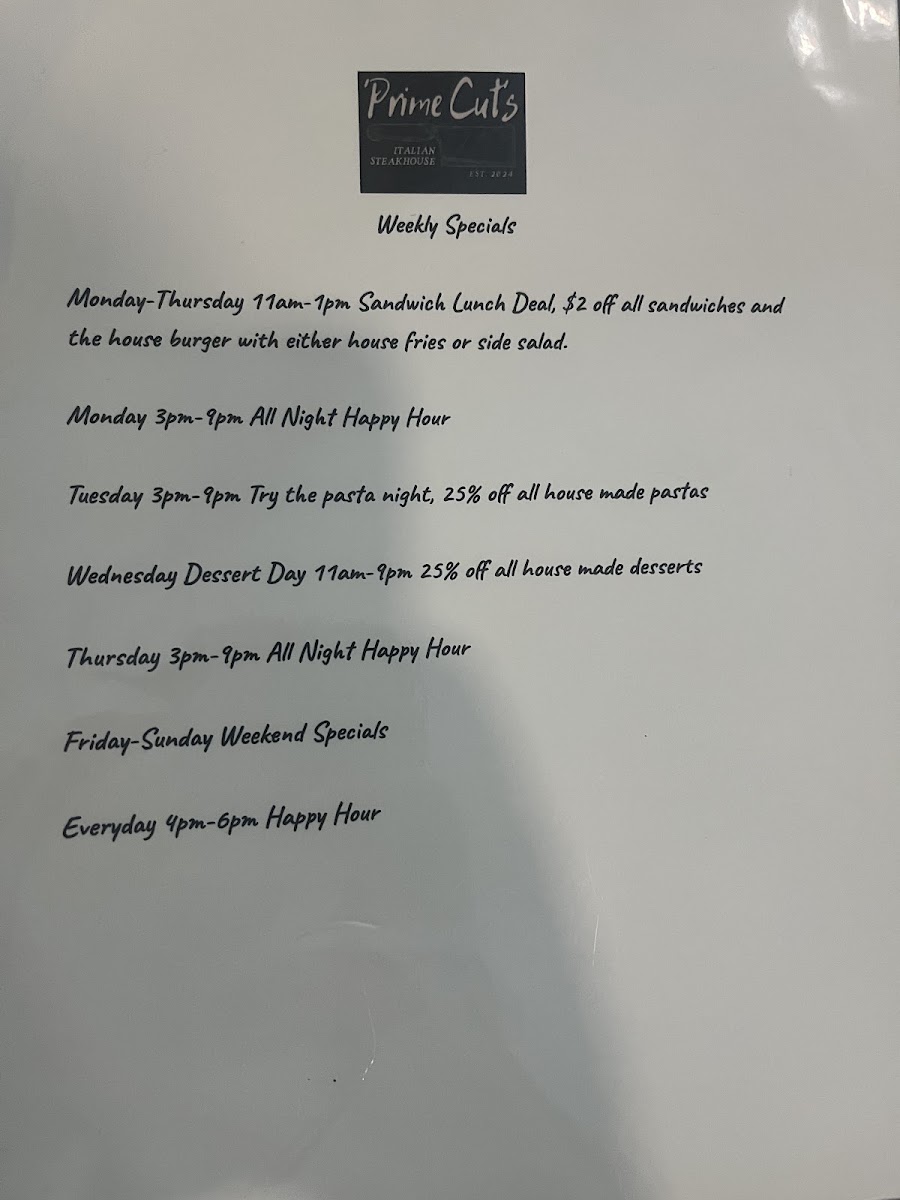Prime Cuts Italian Steakhouse menu board