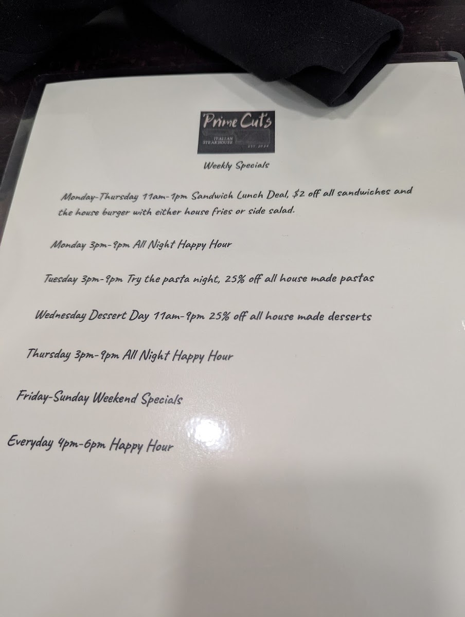 Prime Cuts Italian Steakhouse menu board