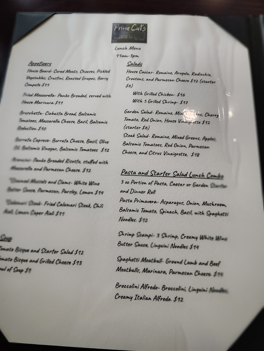 Prime Cuts Italian Steakhouse menu board