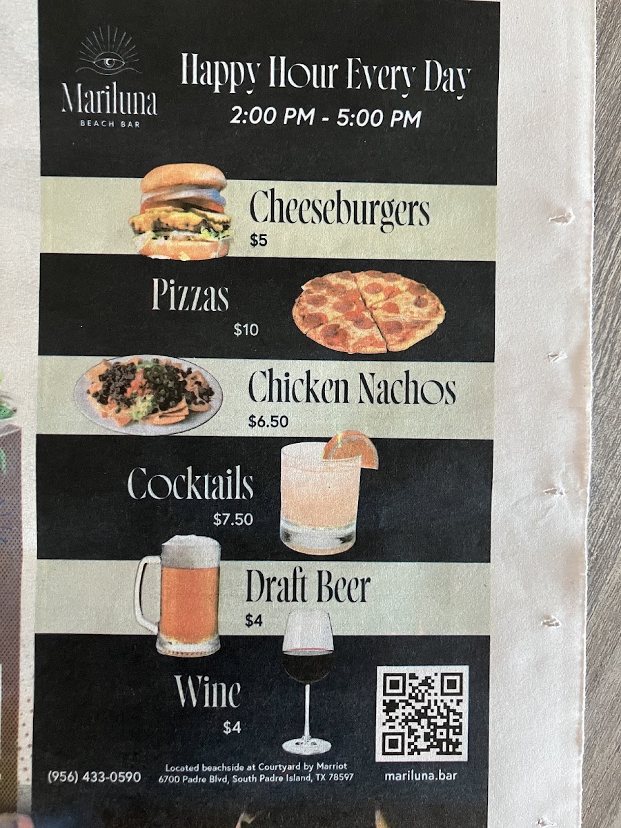 Mariluna Beach Bar menu board