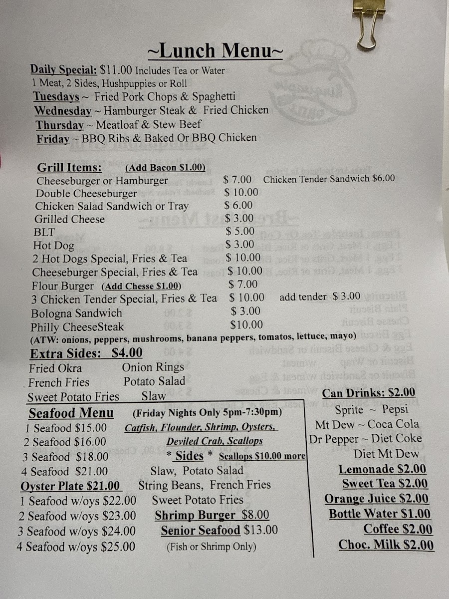 Chinquapin Restaurant menu board