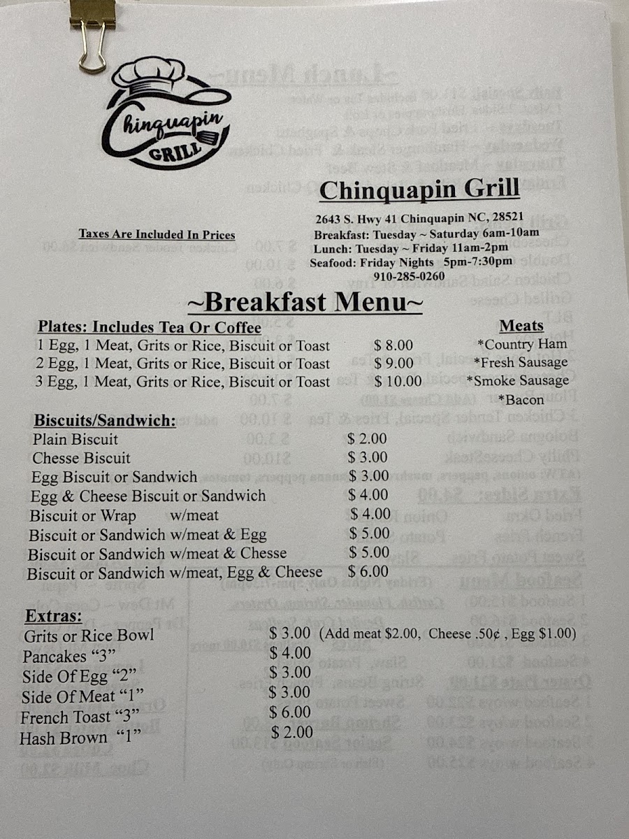 Chinquapin Restaurant menu board