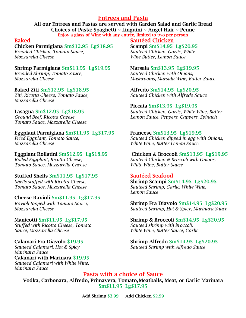 Nick's Bistro and Pizzeria menu board