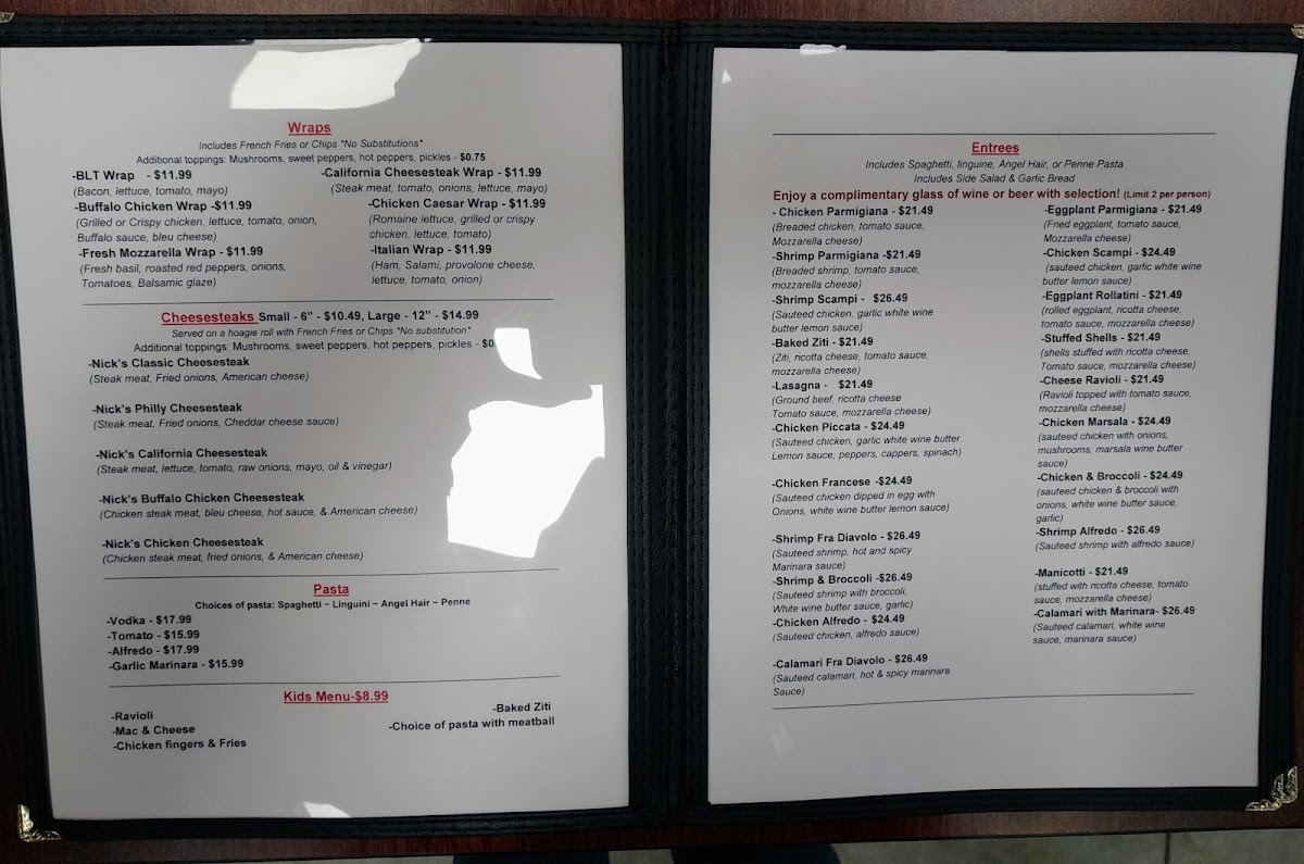 Nick's Bistro and Pizzeria menu board