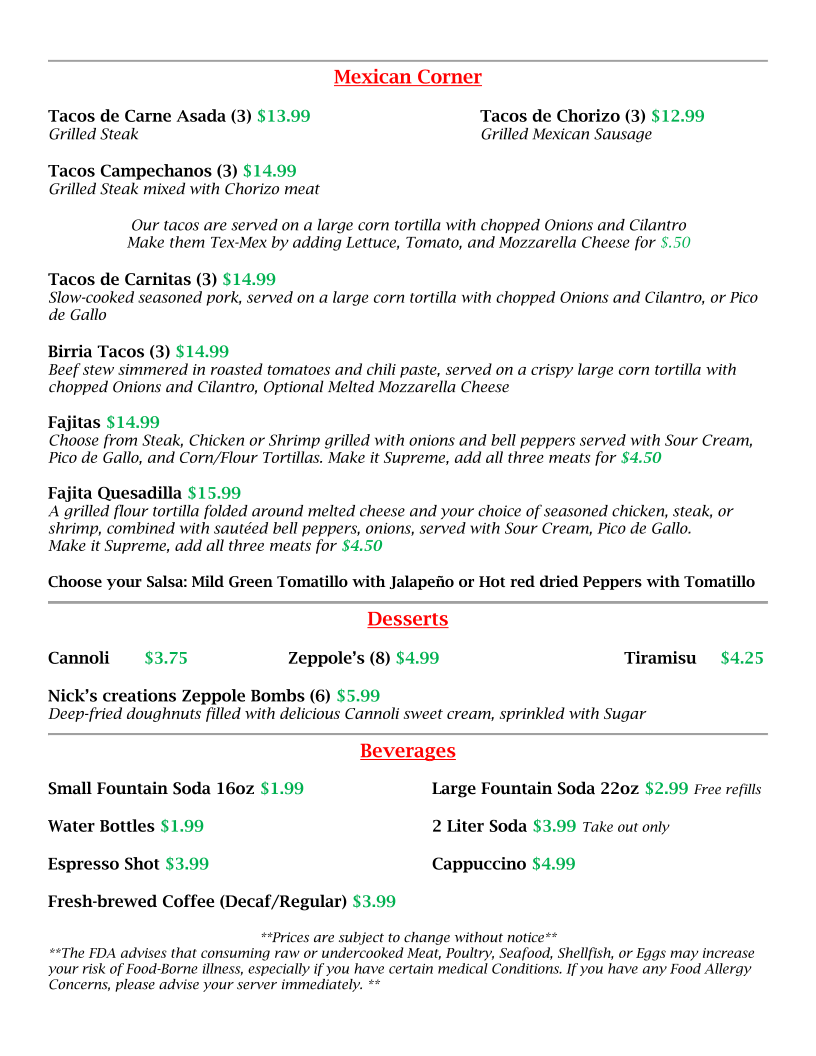 Nick's Bistro and Pizzeria menu board