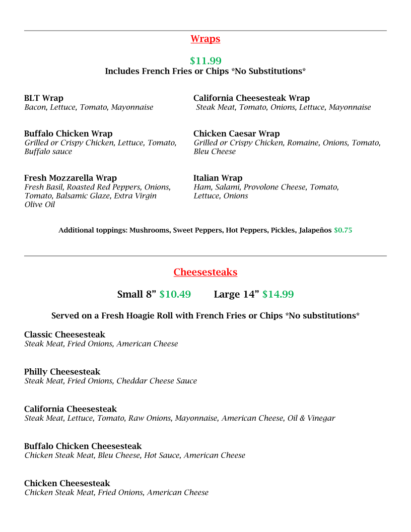Nick's Bistro and Pizzeria menu board