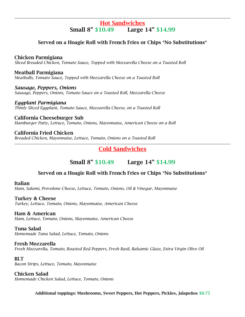 Nick's Bistro and Pizzeria menu board