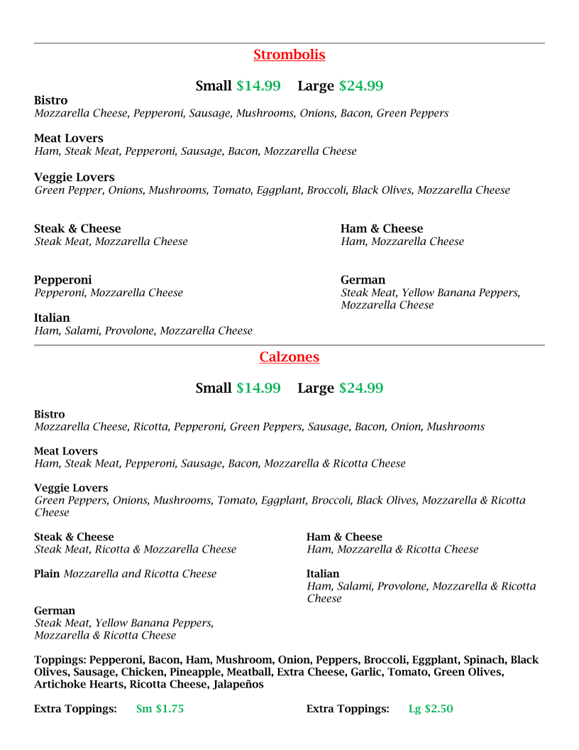 Nick's Bistro and Pizzeria menu board