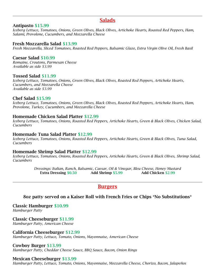 Nick's Bistro and Pizzeria menu board