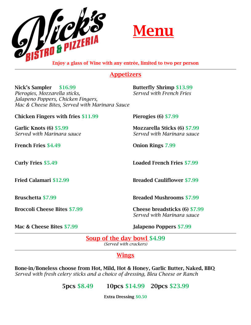Nick's Bistro and Pizzeria menu board