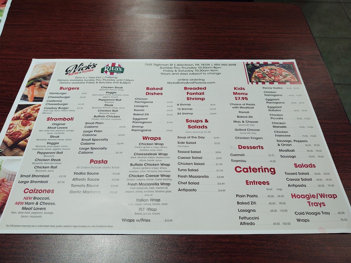 Nick's Bistro and Pizzeria menu board