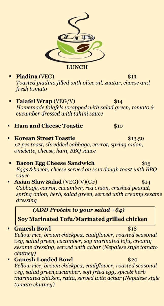The Little Leaf & Bean Cafe menu board