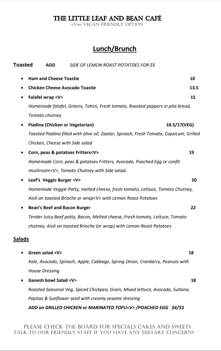 The Little Leaf & Bean Cafe menu board